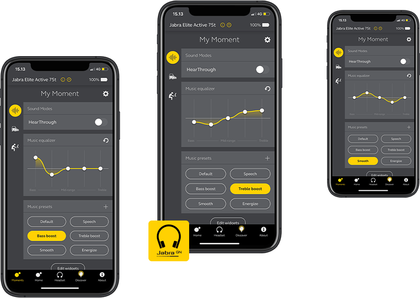 Στιγμιότυπα οθόνης από την εφαρμογή Jabra Sound+ - Αποκτήστε πρόσβαση στο SmartSound και σε άλλες λειτουργίες για τα ασύρματα ακουστικά Jabra